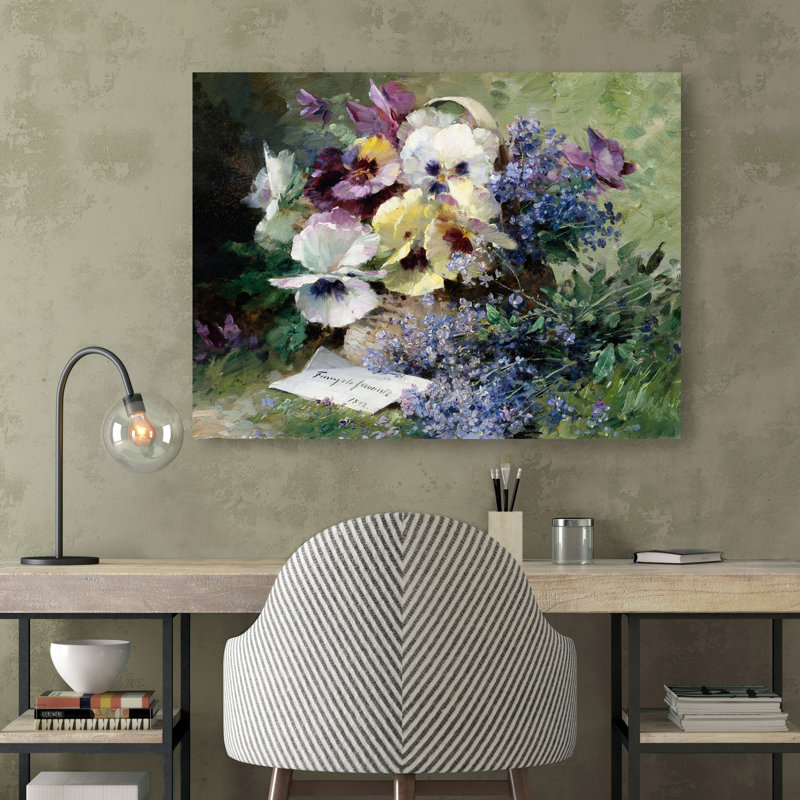 Pansies And Forget Me Not by Albert-Tibulle Furcy De Lavault - No Frame Art Prints on Canvas, 70cm H  x 100cm W  x 4cm D