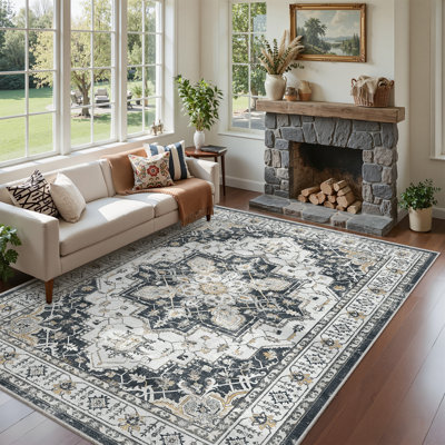 Non-Slip Washable Stain Resistant Area Rug For Living Room Bedroom Dining Room - Black 5'X7'