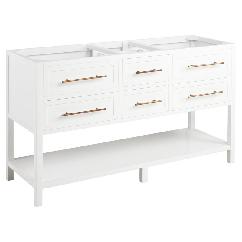 60" Bright White Double Freestanding Bathroom Vanity with Satin Brass Pulls