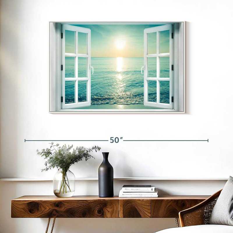 Fenêtre sur le paysage marin, Cadre flottant blanc, 37 po x 25 po