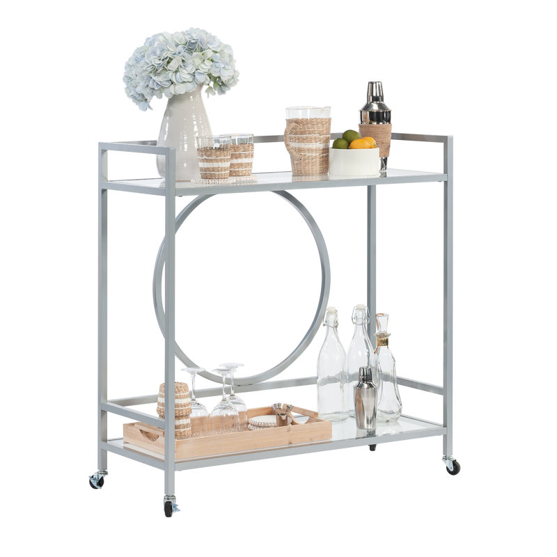 Élégant chariot à roulettes contemporain avec finition grise, verrouillable et deux tablettes en verre pour la cuisine, tablettes stables à longue durée d'utilisation, cuisine, salle à manger facile à assembler