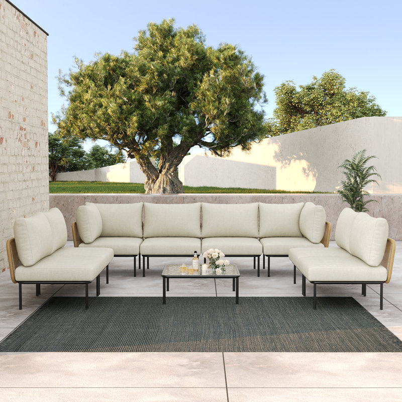  Outdoor Patio Woven Rope Wicker Modular 9 Pieces Sectional Set With Fire Pit Table And Cushions
