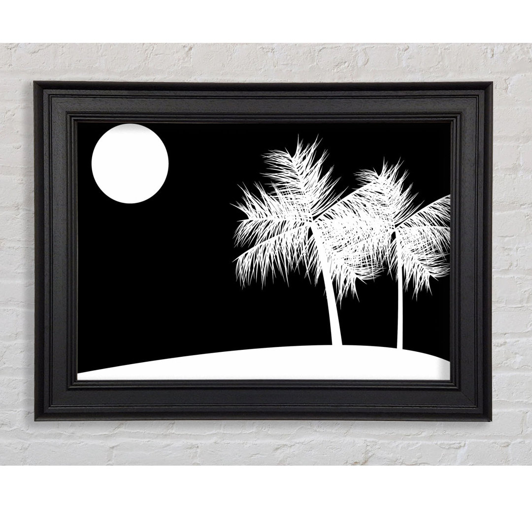 Palm Tree Moon Weiß auf Schwarz Gerahmter Druck