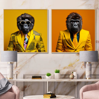 Yellow Gorilla In Suit I - Gorilla Canvas Wall Art Set Of 2