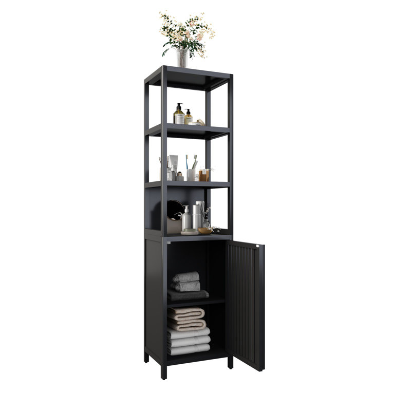 BLACK  Storage Tall Slim Cabinet With Shutter Door And 3 Tier Shelves, Freestanding Linen Tower Cabinet For Living Room, Kitchen, Bathroom Organizer, Natural Bamboo