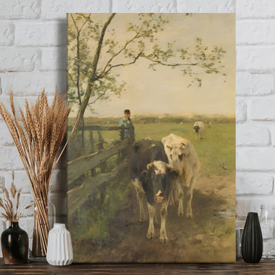 A man herds cows in a pastoral field Canvas Wall Art - Realistic oil painting style. Modern Painting - 1" Deep Gallery Wrapped - 24" x 36"