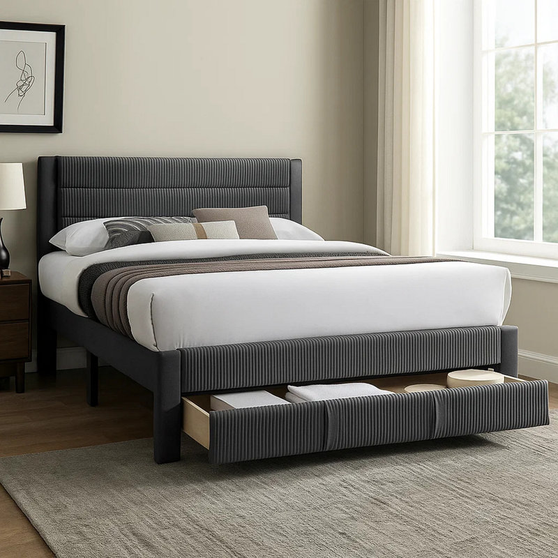 Daisy Full Bed W Drawer, Charcoal Gray Corduroy Upholstery, Foam, Charcoal Gray