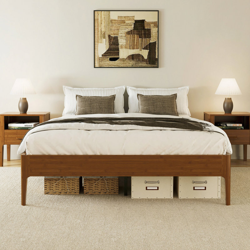 Base de lit plateforme en bois de bambou sec de 15 po de hauteur, avec support en métal à lattes de bois, aucun sommier requis, assemblage facile