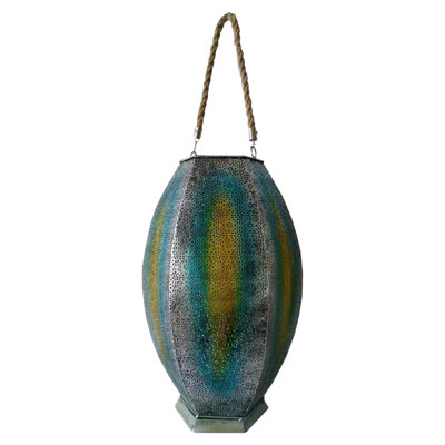 15.5" Silver Floral Outdoor Hanging Solar Lantern with Jute Handle