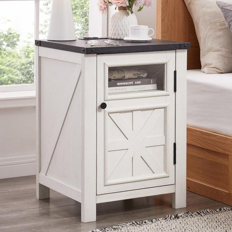 Farmhouse Nightstand Set with Charging Station, Wood End Table with Barn Door & Adjustable Shelf, White