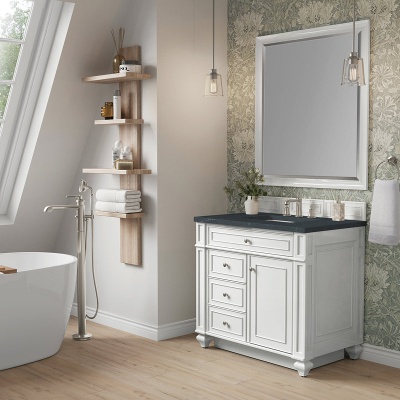 Meuble-lavabo simple 36 po Calisto, Blanc éclatant, Savon gris anthracite, 8 po