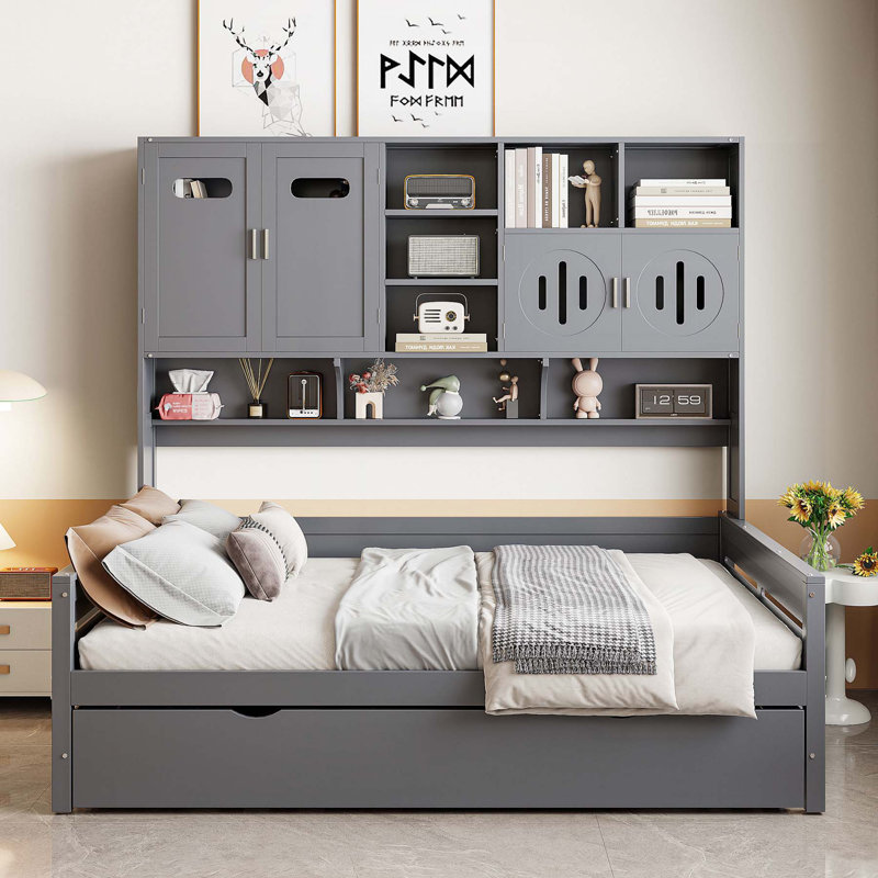 Lit de jour en bois à fonctionnalité complète avec lit gigogne simple et armoire et tablette intégrées, parfait pour les invités