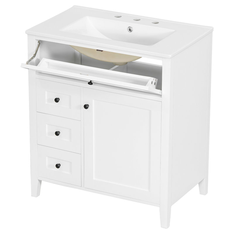 Meuble-lavabo de 30 po avec lavabo, panneau de fibres à densité moyenne moderne et bois d'hévéa avec 3 tiroirs et tablette réglable, meuble-lavabo autoportant pour le rangement et l'organisation de la salle de bain