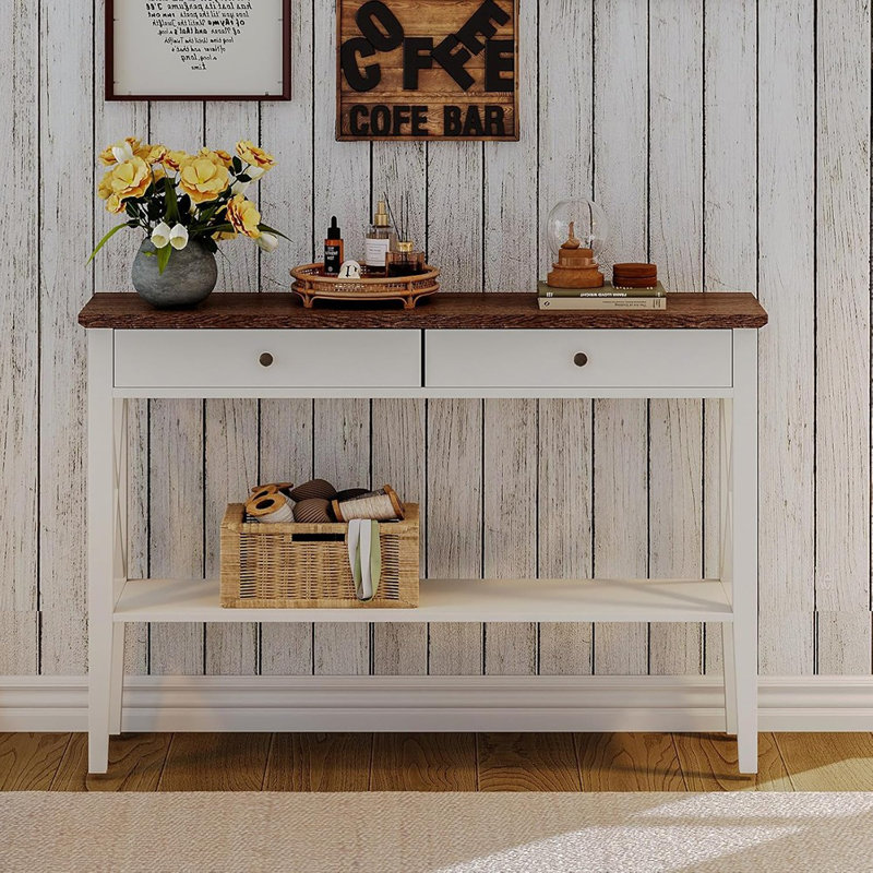 Console avec tiroirs et tablette Farmhouse - blanc et brun