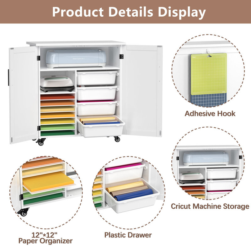 White Rolling Craft Cart with Storage for Cricut Machine