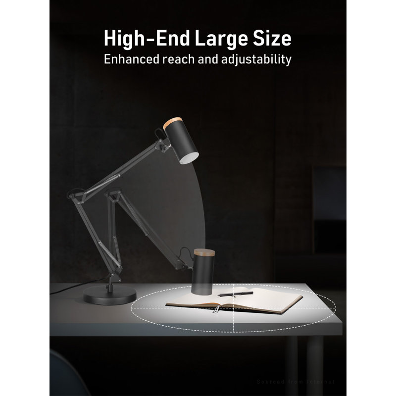 Swing Arm Table Lamp, Large Size Height 29.7", Adjustable Metal Desk Light With Wooden Accent, Black