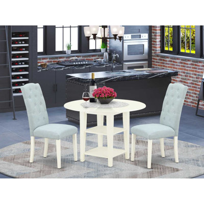 3-Piece Linen White Finish Round Solid Wood Top with Dropleaf Dining Table Set