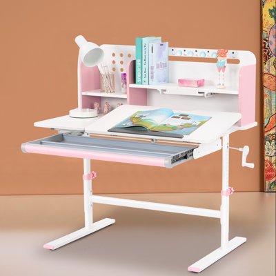 Inbox Zero 39" Wide Height Adjustable Kid Writing Desk With Drawers, Children Study Desk Table With Book Shelf