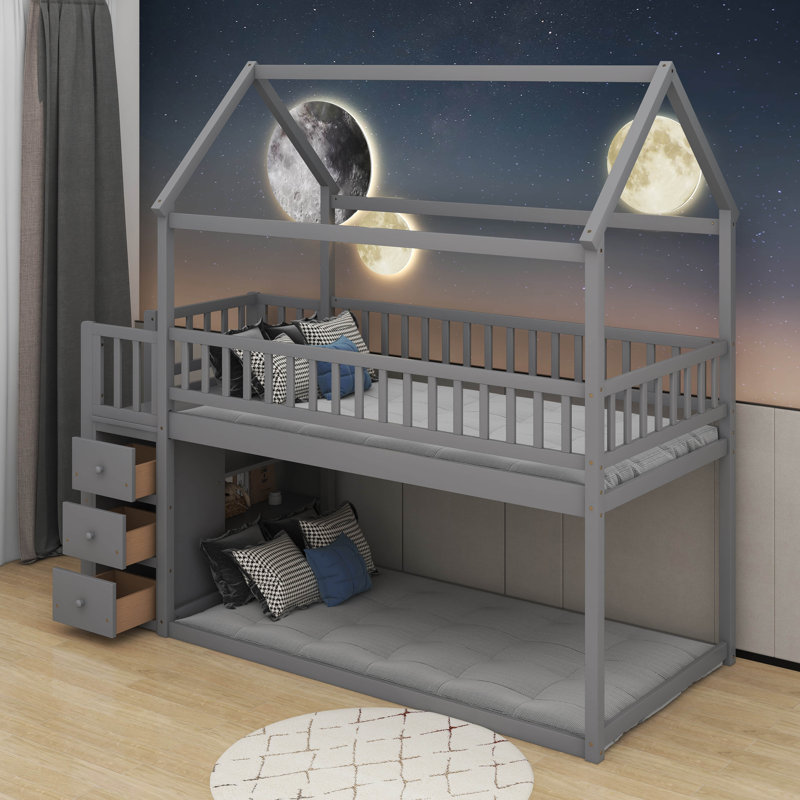 Twin Over Twin House Bunk Bed With Shelves And Drawers, Gray