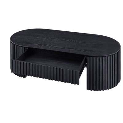 51.18'' Oval Wood Coffee Table With Drawer Mid Century Modern Coffee Table Unique Coffee Table For Living Room Furniture, Tea Table Black