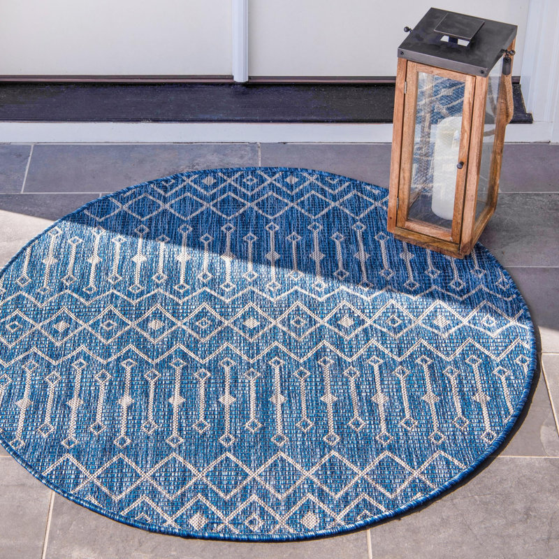Tapis bleu sarcelle intérieur / extérieur à motif tissé à la main Southbrook Innnsbrook, Rond 13 pi 1 po
