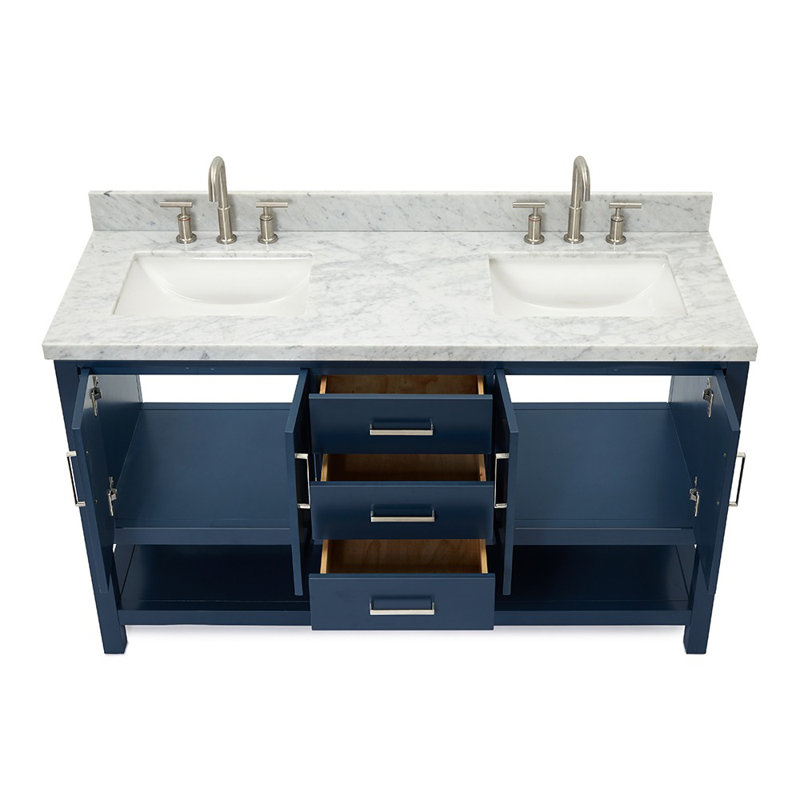 Magnolia Bath Vanity Oval Basin, Midnight Blue, Carrara White Marble, Rectangle 