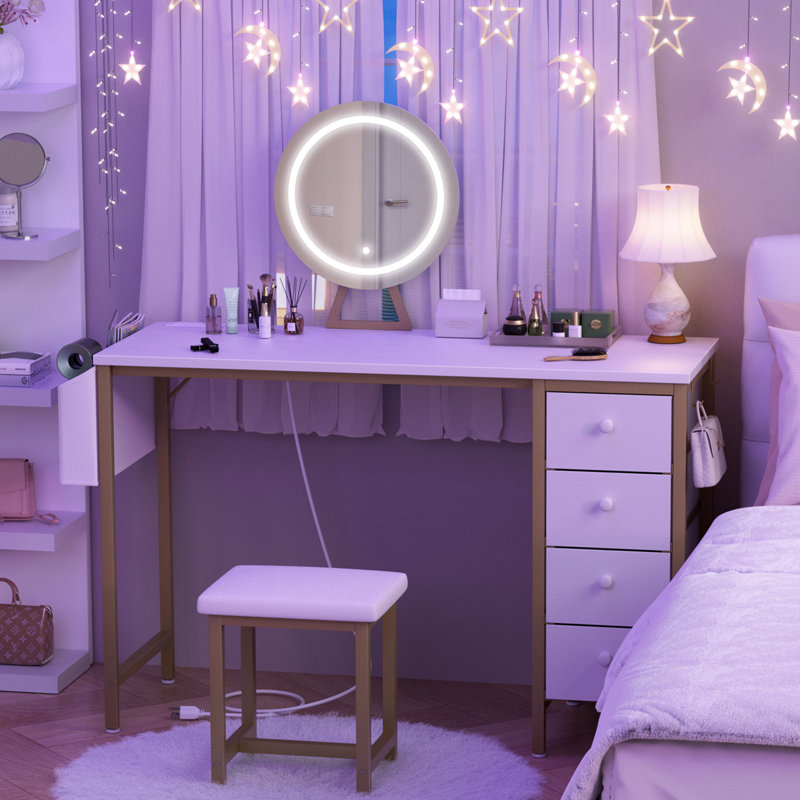 Built-In Outlets Makeup Desk With Mirror And Light- Vanity Set Table With Chair & Drawers, Gold