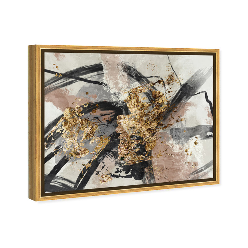 Éclat d'or abstrait métallique moderne - peinture encadrée, H 16 po x l 20 po, Cadre flottant doré