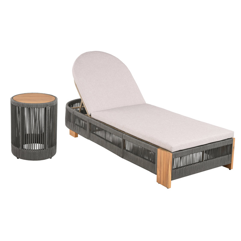 Yenings Patio Adjustable Woven Rope Chaise Lounge With Side Table & Cushions, Gray/Teak