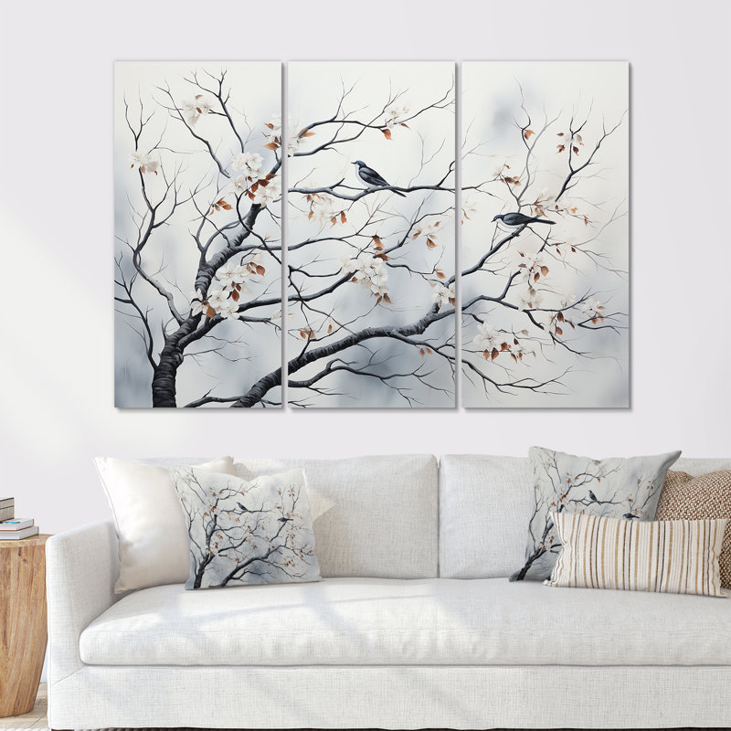 Gris gris, printemps, arbres, oiseaux, art mural, Toile tendue, H 40 po x l 61 po x P 1 po