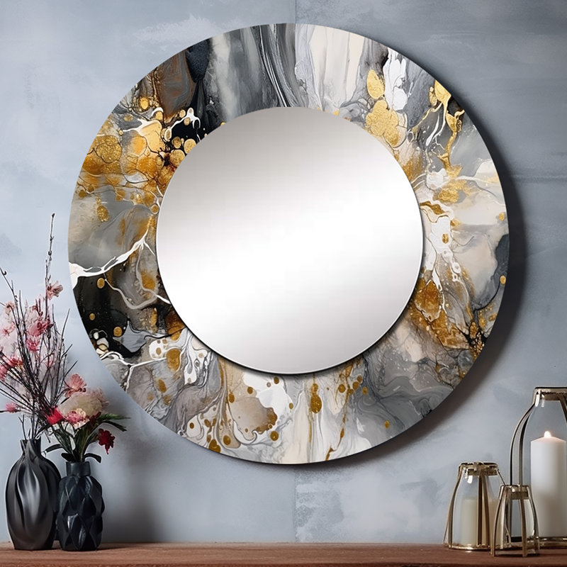 Grey Gold Delicate Abstract Brushstrokes IV - Abstract Marble Round Mirror Wall Decor_MTMIR59781, 36" x 36"