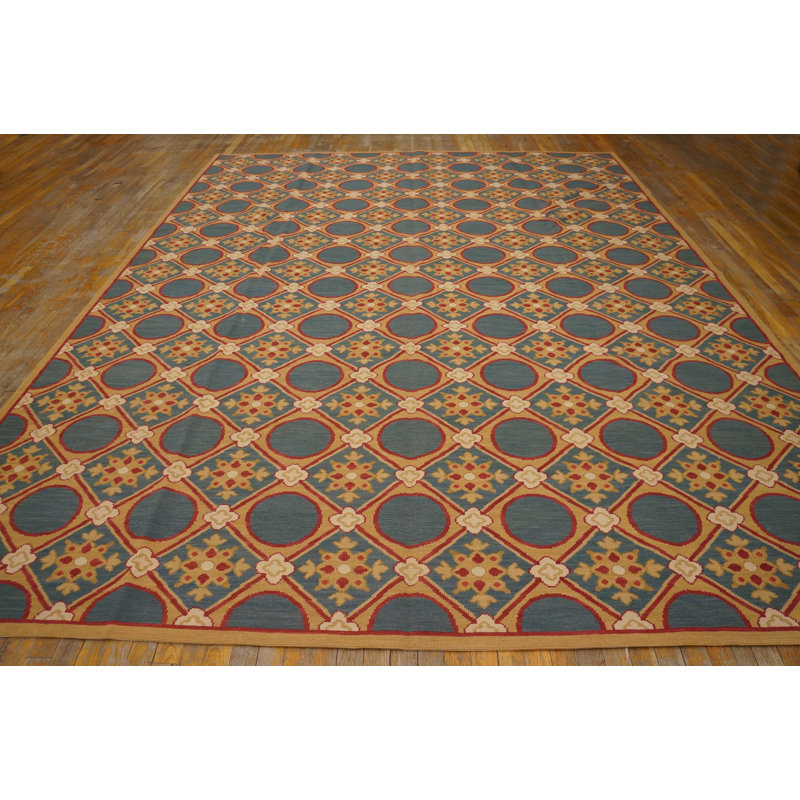 Tapis bleu / beige / rouge en laine noué à la main de conception unique 9 pi x 12 pi Needlpoint