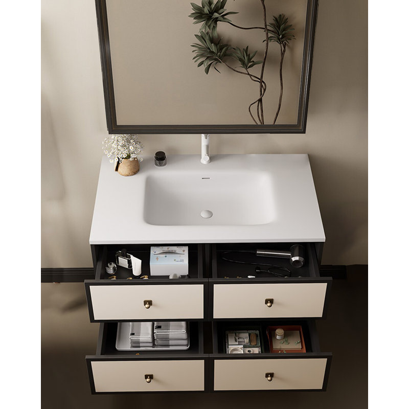 Meuble-lavabo moderne minimaliste en bois d'hévéa avec comptoir Corian