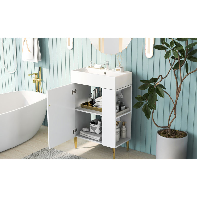 Meuble-lavabo en céramique 21,6 po avec meuble de rangement latéral droit élargi - blanc moderne, Blanc