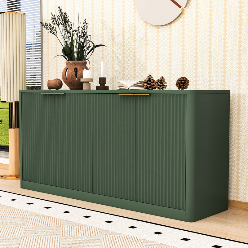 Modern Wave Design Sideboard Buffet Cabinet with 4-Door Hidden Storage, Green