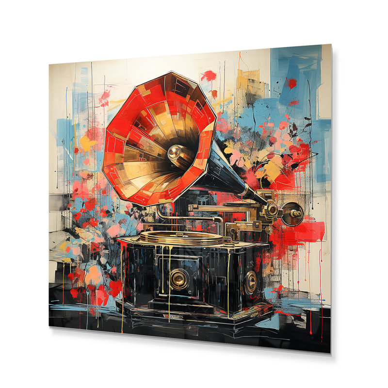 «Red Blue Phonograph Collage», impression d'art mural en métal, H 16 po x l 16 po x P 1 po