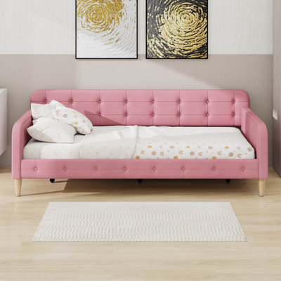 Twin Size Daybed, Upholstered Button Tufted Sofa Bed With 4 Support Legs, Wood Slat Support