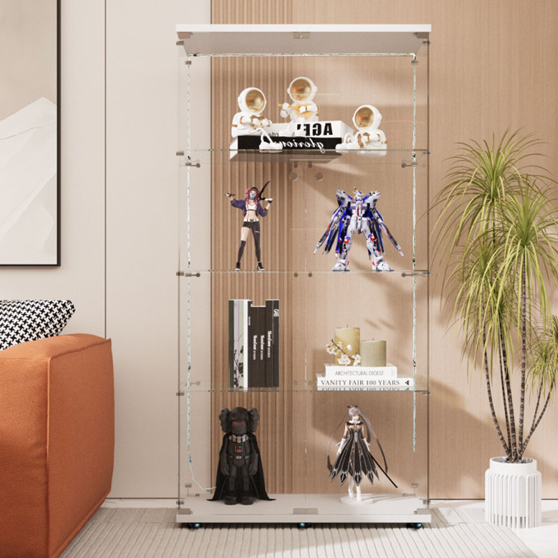 Abbott 65.59" Tall Glass Display Abbott with LED Lights&Rolling Wheels, Curio Glass Abbott with 4 Shelves with 2 Door, Quick-Install Style Floor Standing Bookshelf File Abbott for Home Office