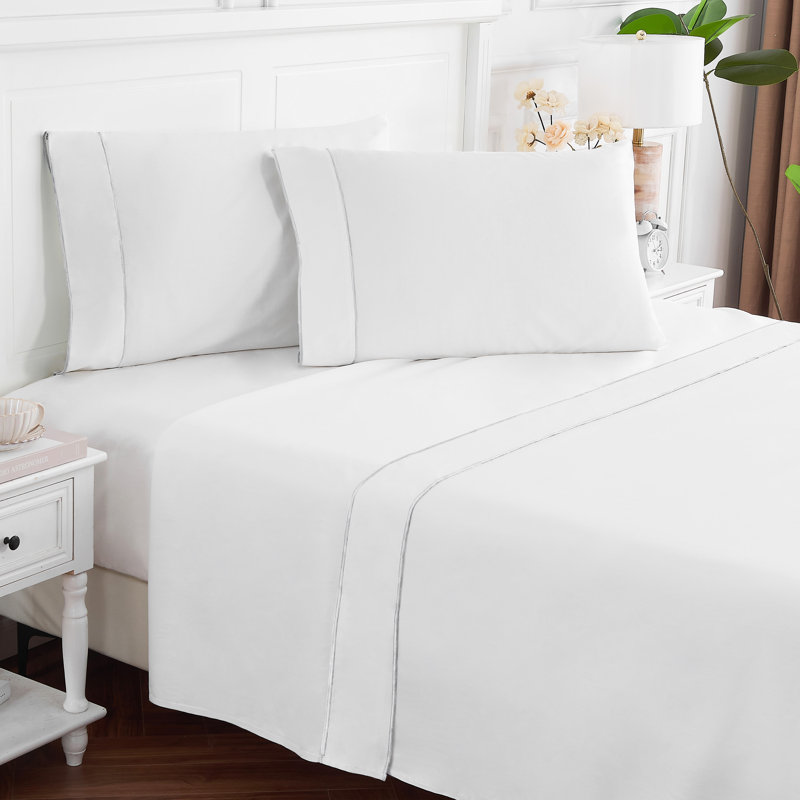 Framed Sateen Sheet Set, King Sheet Set with 2 Pillowcases, White