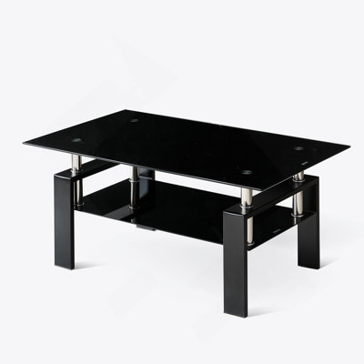 Rectangular Coffee Table With Glass Table Topand Shelf