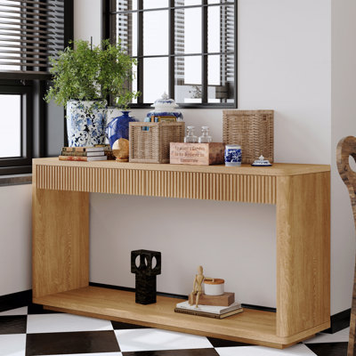 60" Modern 2-Drawer Fluted Console Table, Natural Wood Veneer Sofa Table Behind Couch For Living Room, Hallway, Entryway, Home Office