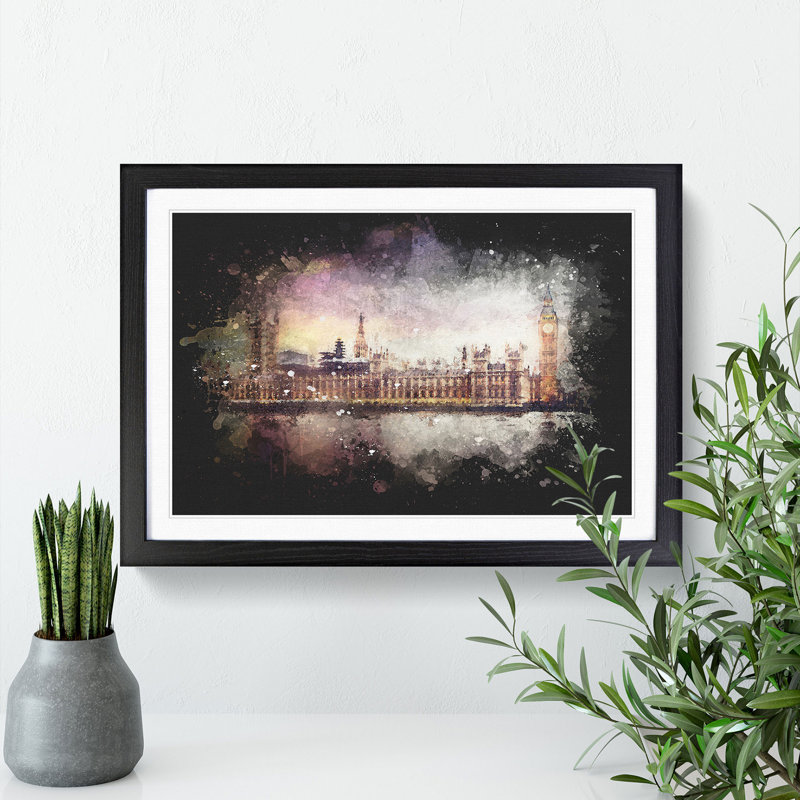Big Ben & Houses Of Parliament Paint Splash - Picture Frame Graphic Art, 24cm H x 33cm W x 2cm D, Black Framed