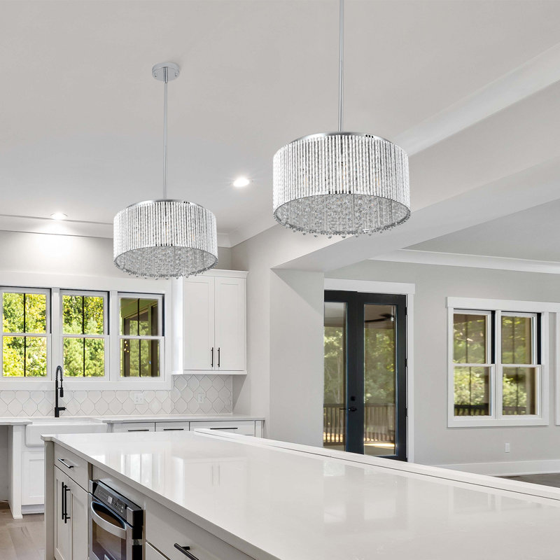Lustre tambour moderne argenté, plafonnier en cristal 7 lumières