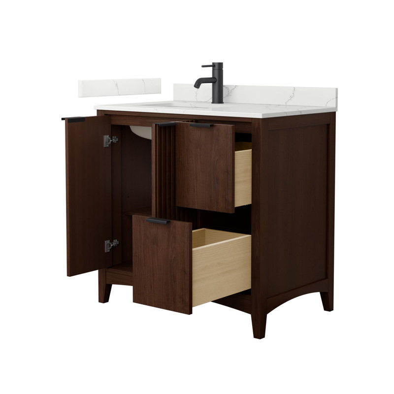 Palmilla 36" Freestanding Single Bathroom Vanity with Quartz Top, Brushed Nickel, Beige, White Quartz