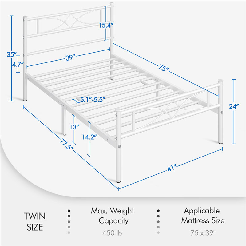 Anelis Metal Bed Frame Platform with Curved Design Headboard & Footboard, Twin, White