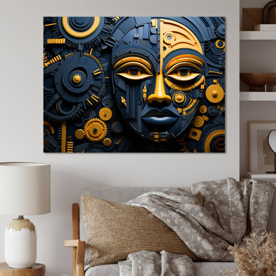 Jaune et bleu, motif de Kuba africain - Masque africain, art mural