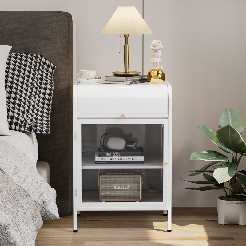 Usmon Modern Nightstand with Glass Door,Metal Side Table,Bedside Table With Flip-Top Storage, White