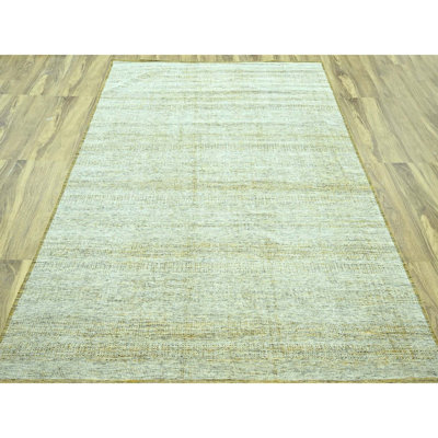 Tapis oriental jaune doré 10 pi x 14 pi avec ivoire, noué à la main, 100% laine, motif oxydé et patiné avec gaufres apparentes