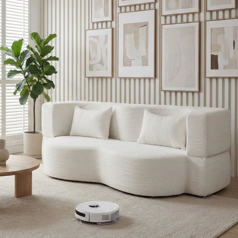 Boneless 78.35" Modern 2-In-1 Convertible Curved Loveseat Sofa Bed, Floor Love Seat Couch, Teddy Fabric Memory Foam Cloud Couch With 2 Pillows No Assembly For Living Room, Apartment, Small Space