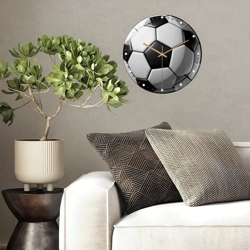 Horloge murale 12 po ronde en verre trempé avec mouvement à quartz silencieux, Soccer